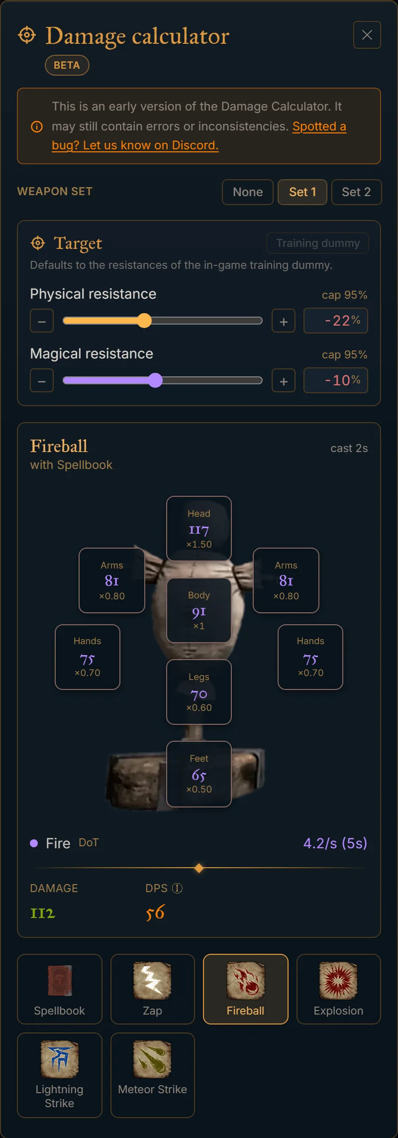 Dark and Darker damage calculator: Fireball damage on each hit zone of the training dummy, with target resistances, damage over time and DPS