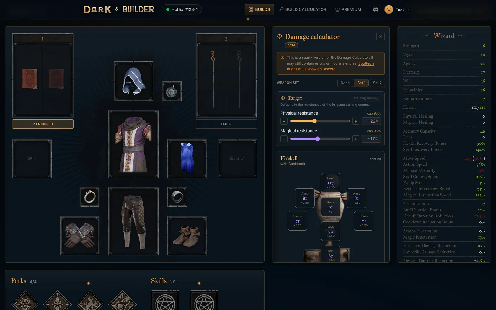 Wizard build in the Dark & Builder build calculator, with the equipment, damage calculator and stats columns side by side